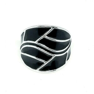 Black Enamel Abstract Wave Silver Tone Cable Ring